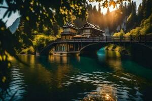 une pont plus de une Lac avec une maison dans le Contexte. généré par ai photo