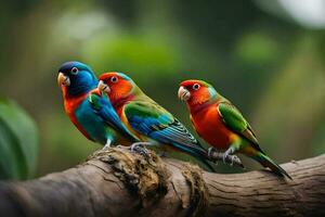 Trois coloré des oiseaux séance sur une branche. généré par ai photo