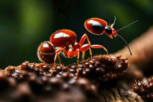 une rouge fourmi est permanent sur Haut de une enregistrer. généré par ai photo
