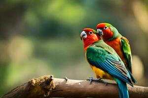 deux coloré des oiseaux séance sur une branche. généré par ai photo