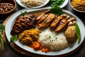 une assiette de nourriture avec riz, poulet et des légumes. généré par ai photo