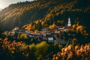 une petit village dans le montagnes avec des arbres et l'automne feuilles. généré par ai photo