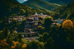 une village dans le montagnes avec une pont plus de une rivière. généré par ai photo