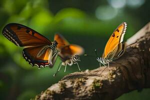 deux papillons sont séance sur une branche. généré par ai photo