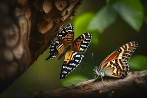 deux papillons sont séance sur une branche. généré par ai photo