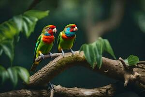 deux coloré des oiseaux séance sur une branche. généré par ai photo