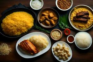 une table avec divers vaisselle de aliments. généré par ai photo