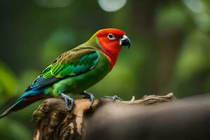 une coloré oiseau est séance sur une branche. généré par ai photo