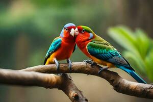 deux coloré des oiseaux séance sur une branche. généré par ai photo