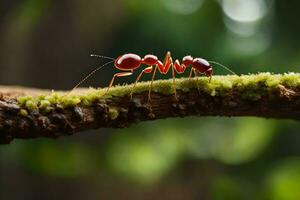 une rouge fourmi sur une branche. généré par ai photo