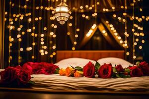 une lit avec des roses et une lampe dans de face de une rideau. généré par ai photo