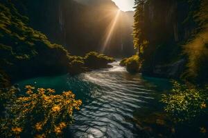 lumière du soleil brillant par une rivière dans le montagnes. généré par ai photo