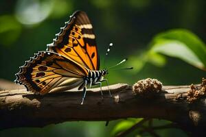 une papillon est séance sur une branche dans le Soleil. généré par ai photo