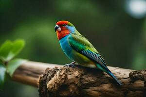 une coloré oiseau est assis sur une branche. généré par ai photo