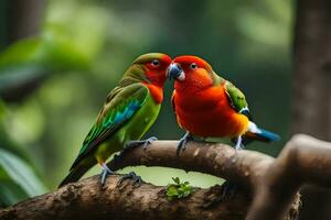 deux coloré des oiseaux séance sur une branche. généré par ai photo