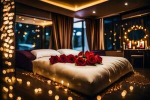 une lit avec des roses et bougies dans une chambre à coucher. généré par ai photo