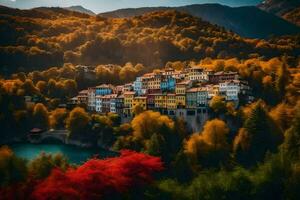 l'automne dans le montagnes avec coloré Maisons. généré par ai photo