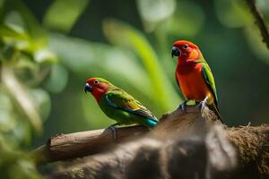 deux coloré des oiseaux séance sur une branche. généré par ai photo