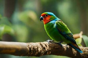 une coloré oiseau est assis sur une branche. généré par ai photo