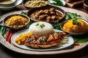 une assiette de nourriture avec riz, Viande et des légumes. généré par ai photo