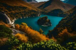 une Lac entouré par montagnes et des arbres. généré par ai photo