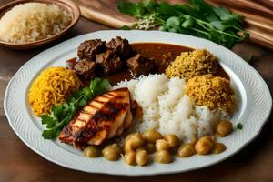 le nourriture est servi sur une assiette avec riz, haricots, Viande et des légumes. généré par ai photo