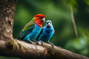 deux coloré des oiseaux séance sur une branche. généré par ai photo