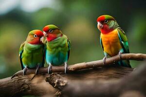 Trois coloré des oiseaux séance sur une branche. généré par ai photo