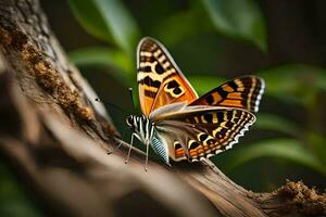 une papillon est séance sur une branche dans le forêt. généré par ai photo