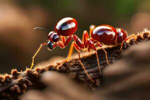 une rouge fourmi est permanent sur une branche. généré par ai photo
