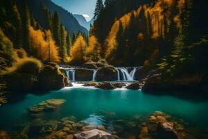 une magnifique cascade dans le montagnes avec des arbres et l'eau. généré par ai photo