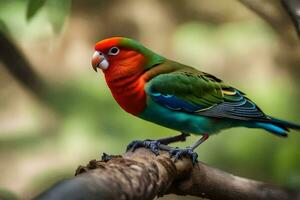 une coloré oiseau est assis sur une branche. généré par ai photo