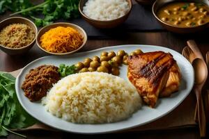 une assiette de riz, haricots, et Viande avec autre plats. généré par ai photo