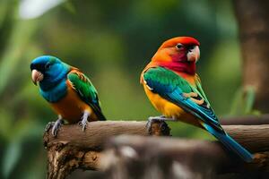 deux coloré des oiseaux séance sur une branche. généré par ai photo