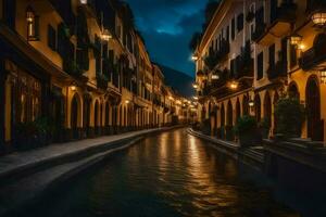 une étroit rue dans le milieu de une ville à nuit. généré par ai photo