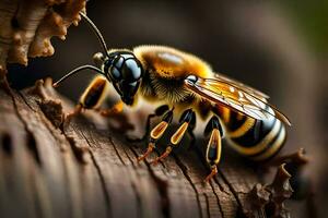 une abeille est séance sur une pièce de bois. généré par ai photo