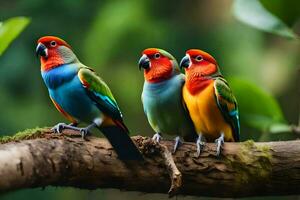 Trois coloré des oiseaux séance sur une branche. généré par ai photo