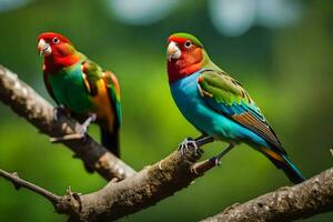 deux coloré des oiseaux séance sur une branche. généré par ai photo