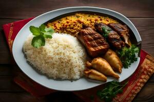 poulet avec riz et curry sur une plaque. généré par ai photo