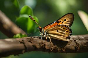 une papillon est séance sur une branche. généré par ai photo