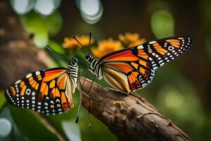 deux papillons sont séance sur une branche. généré par ai photo