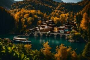 l'automne dans le montagnes avec une pont et une bateau. généré par ai photo