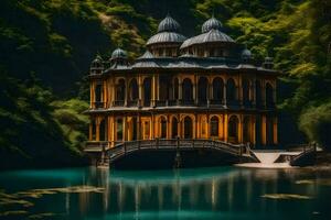 une magnifique bâtiment est assis sur le bord de une lac. généré par ai photo