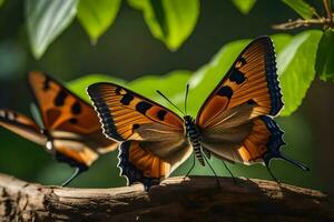 deux papillons sont séance sur une branche. généré par ai photo