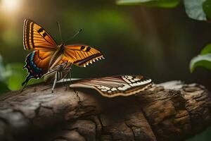 deux papillons sont séance sur une branche. généré par ai photo