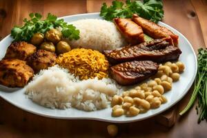 une assiette de nourriture avec riz, haricots, Viande et des légumes. généré par ai photo