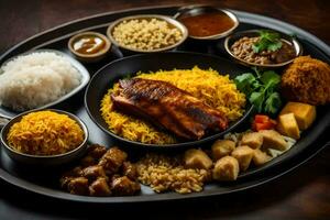 une assiette de nourriture avec riz, Viande, et autre plats. généré par ai photo