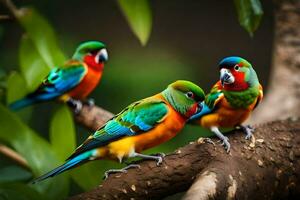 Trois coloré des oiseaux séance sur une branche. généré par ai photo