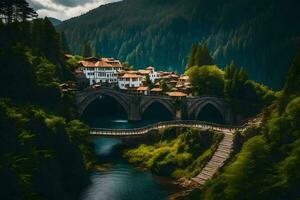 le pont plus de le rivière dans le montagnes. généré par ai photo