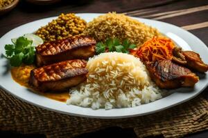 une assiette de nourriture avec riz, Viande et des légumes. généré par ai photo